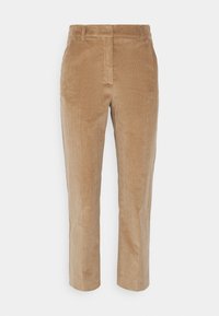 Pantalones de pana en color caqui con un diseño de pierna recta, pliegue frontal y una textura suave. Presenta una cinturilla clásica y sin herrajes visibles.