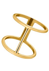 Bague en or avec deux bandes circulaires ouvertes reliées par une barre verticale. Texture lisse avec une finition poli et un design minimaliste.