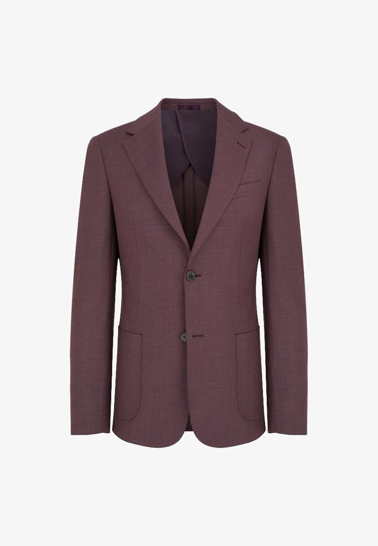 Burgundowy żakiet uszyty z teksturowanej tkaniny, z klapami w kształcie litery V, zapięciem na dwa guziki oraz dwiema przednimi kieszeniami i podszewką.