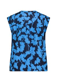 Blomsterdesign i blå nuancer på en mørk navy baggrund, med en løs design med korte ærmer og en lille slidse bagpå.