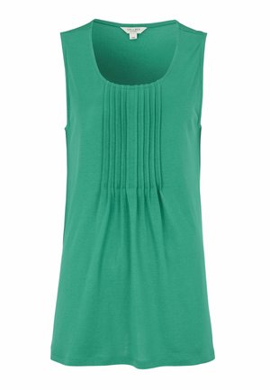 Grøn ærmeløs top med rund halsudskæring og lodrette plisseringer midt foran, lavet af blødt stof.
