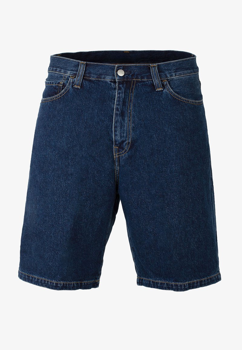 Calções de ganga azul escuro com corte reto, cintura regular e fecho de botão metálico; apresentam costuras e bainha em amarelo contrastante.