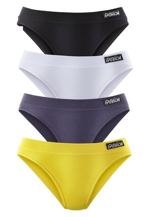 Four pairs of women's underwear: black, white, dark gray, and yellow. Made of smooth fabric with elastic bands and side labels.