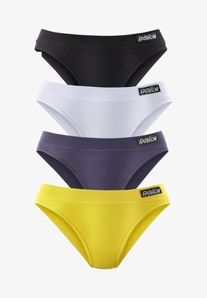 Four pairs of women's underwear: black, white, dark gray, and yellow. Made of smooth fabric with elastic bands and side labels.