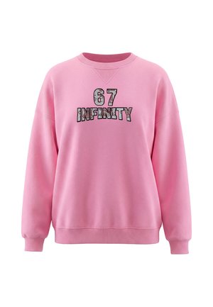 Lyserød langærmet sweatshirt med ribkanter ved ærmer og bund, med teksten "67 INFINITY" i mønstret tryk på forsiden.