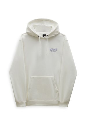 Hoodie blanc fabriqué dans un tissu à texture lisse. Comprend une grande poche kangourou, des cordons de serrage et un logo "VANS" en violet clair.