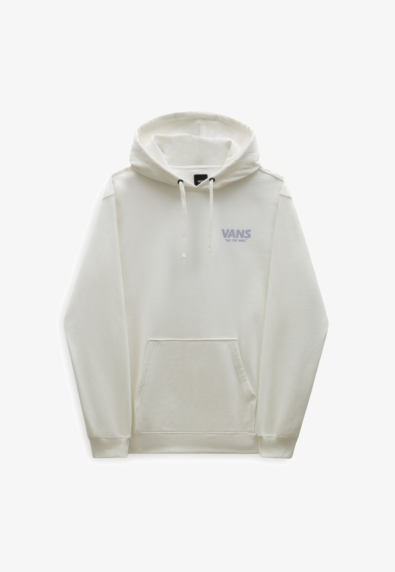 Felpa bianca con cappuccio realizzata in un tessuto dalla superficie liscia. Presenta una grande tasca a marsupio, coulisse e il logo "VANS" di colore viola chiaro.