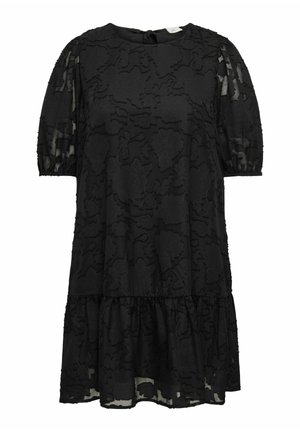 Black dress with puff sleeves, tiered hem, and textured floral pattern. Made from lightweight fabric with a soft finish and a classic silhouette.