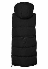 Chaleco acolchado negro con capucha, presenta un cordón ajustable en la cintura, acolchado horizontal y acentos de tela perforada en el dobladillo.