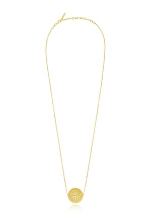 Collier délicat en chaîne dorée avec un grand pendentif sphérique à la texture complexe et fermoir à glissière réglable sur fond blanc.