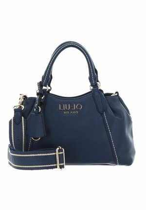 Borsa a mano Liu Jo Milano in pelle blu navy con doppi manici, tracolla in tessuto a righe staccabile e dettagli in metallo dorato.
