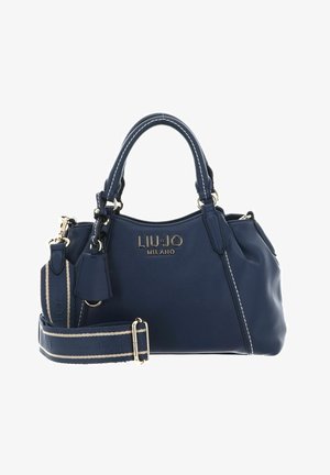 Marineblauwe leren Liu Jo Milano handtas met dubbele handvatten, afneembare gestreepte stoffen schouderriem en goudkleurige hardware accenten.