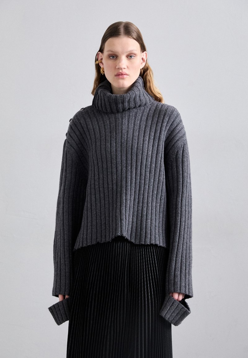 Pulôver cinza com gola alta ribeteada, apresentando uma bainha cropped e mangas longas com punhos alargados. Combinado com uma saia preta plissada.