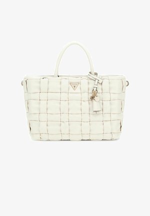 Borsa a tracolla in ecopelle bianca intrecciata con due manici superiori, un logo triangolare e un pendente con portachiavi staccabile. Forma rettangolare con superficie testurizzata.