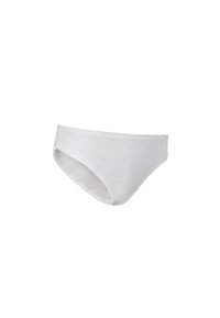Witte katoen slip met een gladde textuur, lage taille en elastische tailleband. Geen patronen of hardwaredetails zichtbaar.