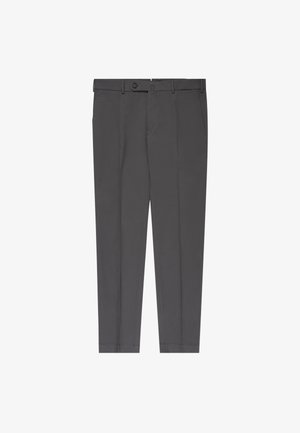 Grijze op maat gemaakte broek van gladde stof. Voorzien van een knoopsluiting, riemlussen en vouwen aan de voorkant. Recht pijpontwerp.