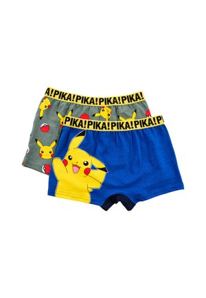 Two pairs of children’s boxer shorts with Pikachu and Pokeball patterns and yellow waistbands repeating "PIKA!" in black text.