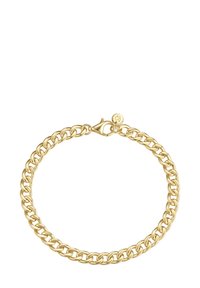 Auksinė metalinė grandinėlė, su tarpusavyje susijungusiomis ovaliomis jungtimis, užsegama krabų užsegimu ir mažąja pakabuku su logotipu.