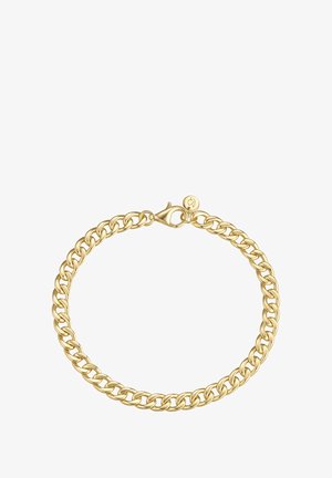 Pulsera de cadena de metal dorado, con eslabones ovalados entrelazados, cierre de langosta y un pequeño charm con un detalle de logo.