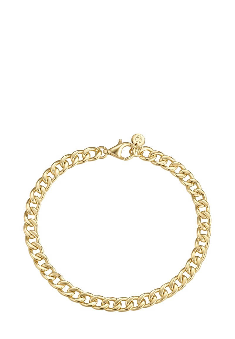 Auksinė metalinė grandinėlė, su tarpusavyje susijungusiomis ovaliomis jungtimis, užsegama krabų užsegimu ir mažąja pakabuku su logotipu.