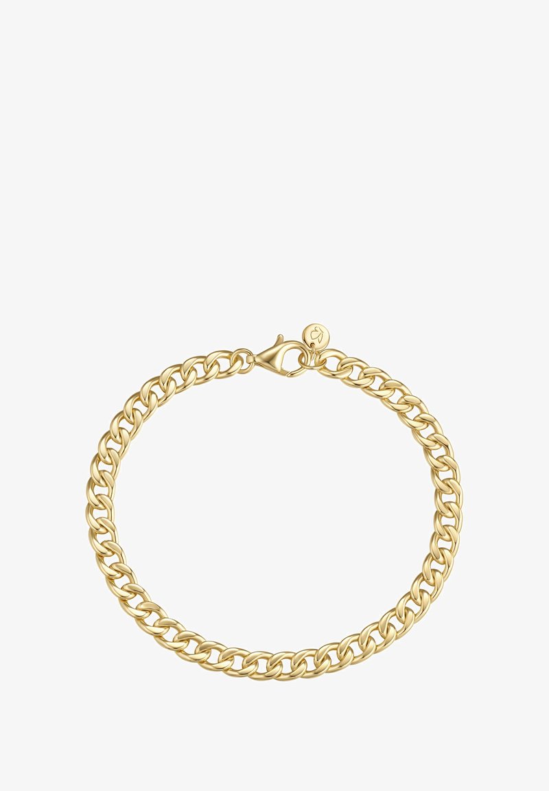 Auksinė metalinė grandinėlė, su tarpusavyje susijungusiomis ovaliomis jungtimis, užsegama krabų užsegimu ir mažąja pakabuku su logotipu.