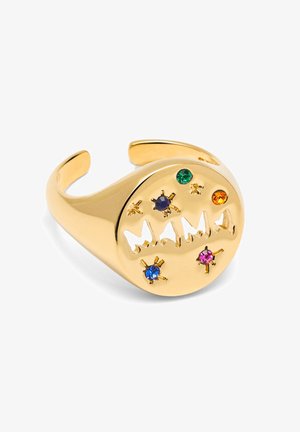 Gold-tone ring featuring the word "MAMA" cutout, accented with multicolored gemstones: green, blue, purple, pink, and orange. Adjustable design.