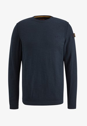 Marineblaues Langarmpullover aus weichem Stoff mit Rundhalsausschnitt, horizontalen Nahtdetails an den Schultern und einem dezenten Logo auf der Brust.