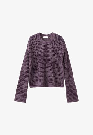 Maglione lungo a maniche lunghe di colore viola, lavorato a maglia con un motivo a trama aperta e ampia, con scollo rotondo a coste.