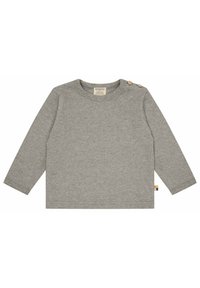 Graues, geripptes Langarmshirt mit rundem Halsausschnitt und drei Holzknöpfen auf der linken Schulter. Kleines mehrfarbiges Etikett an der Seite.