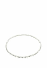Silver metallic necklace with a flexible design, featuring small interlocking segments and smooth rounded beads, creating a continuous loop.