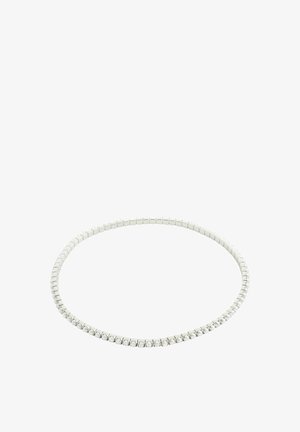 Strieborný kovový náhrdelník s flexibilným dizajnom, ktorý obsahuje malé prepojené segmenty a hladké zaoblené korálky, vytvárajúci súvislý kruh.