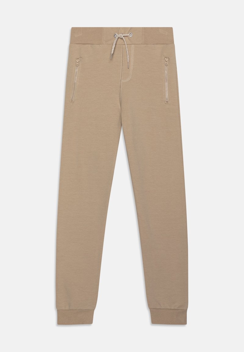 Beige Sweatpants aus weichem Stoff, mit einem Kordelzugbund, seitlichen Reißverschlüssen und eng anliegenden Bündchen. Minimalistisches Design ohne Muster.