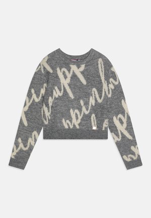 Maglione corto grigio con grande scritta crema. Realizzato in morbido materiale lavorato a maglia, con colletto rotondo e maniche lunghe. Piccola etichetta del marchio all'orlo.