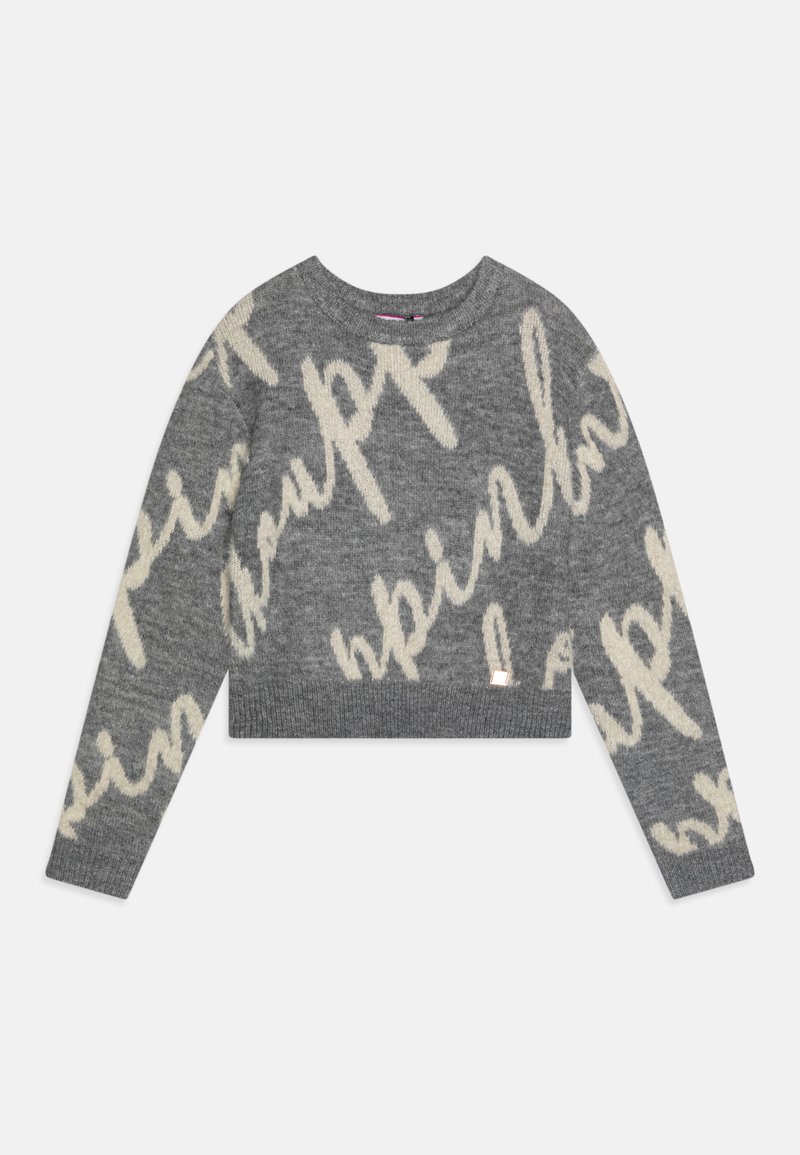 Maglione corto grigio con grande scritta crema. Realizzato in morbido materiale lavorato a maglia, con colletto rotondo e maniche lunghe. Piccola etichetta del marchio all'orlo.