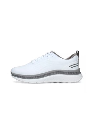 White athletic shoe with a textured upper, gray accents, and a thick, cushioned sole. Features a lace-up design and pull tab at the heel.