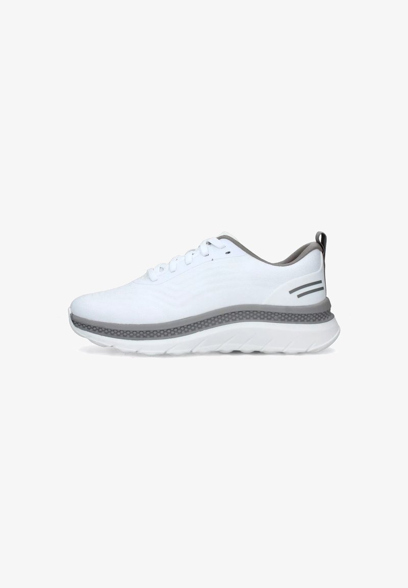 White athletic shoe with a textured upper, gray accents, and a thick, cushioned sole. Features a lace-up design and pull tab at the heel.