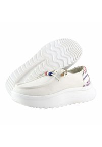 Sneaker bianco in tessuto con una suola spessa e testurizzata di colore bianco. Presenta un accentuazione decorativa sul tallone con cuciture multicolori e un laccio a contrasto.