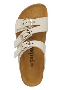Weiße Sandalen mit drei verstellbaren Riemen und metallischen Schnallen. Braun aus Wildleder mit dem Markennamen "palaco" innen gedruckt.