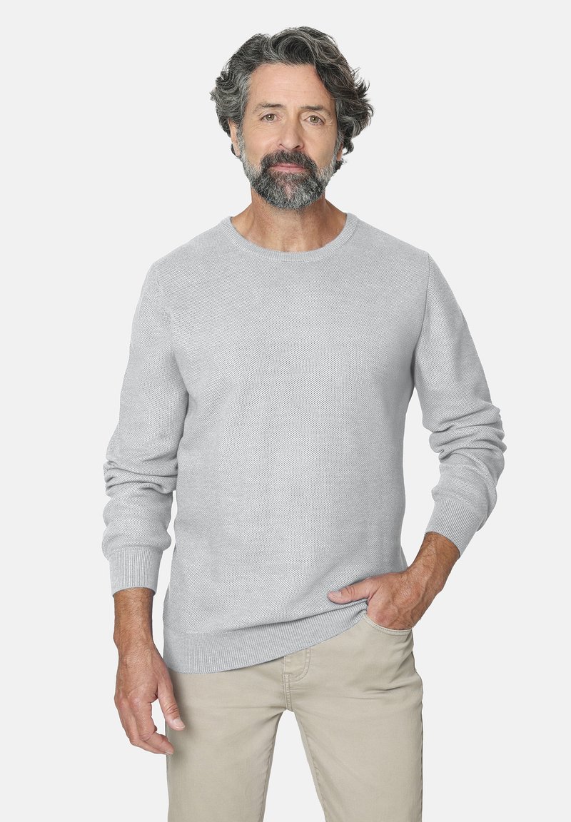 Hombre de mediana edad con cabello y barba canosos, vistiendo un suéter gris claro y pantalones beige, de pie con una mano en el bolsillo frente a un fondo simple.