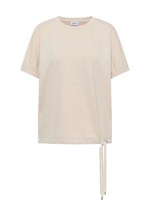 Haut décontracté beige à manches courtes avec encolure ronde et détail de cordon ajustable à l'ourlet inférieur droit.