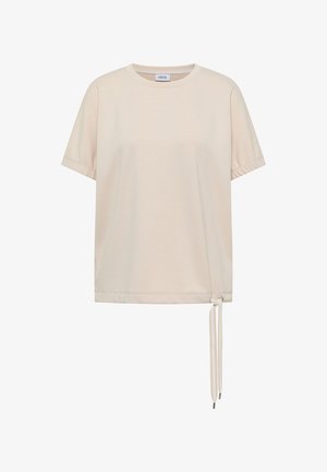 Haut décontracté beige à manches courtes avec encolure ronde et détail de cordon ajustable à l'ourlet inférieur droit.