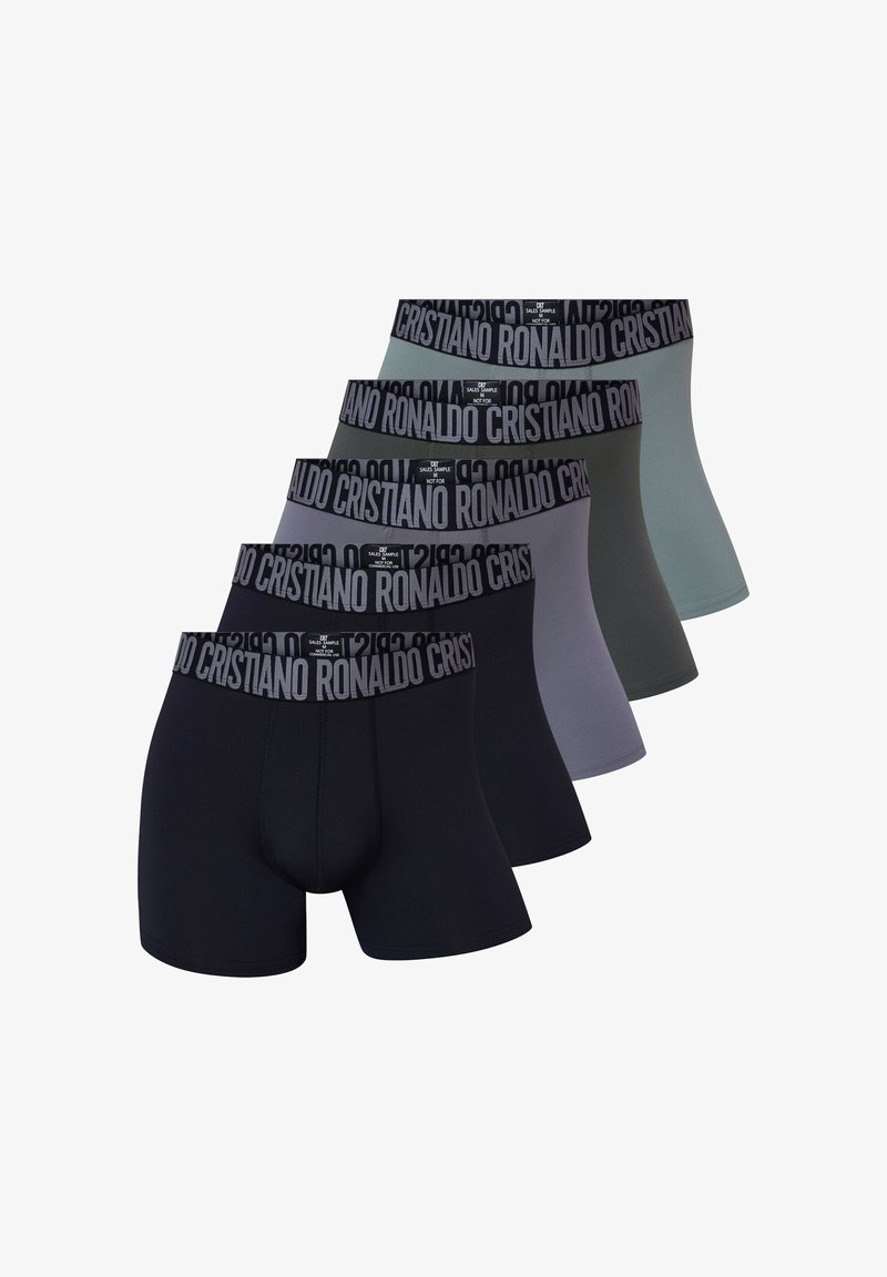 Fem par boxer shorts i forskellige farver: sort, mørkegrøn, grå og lysegrå. Elastisk linning med "Cristiano Ronaldo"-branding.