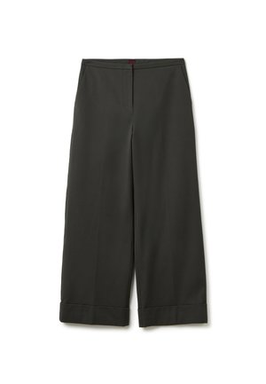 Dunkelgraue weit geschnittene Hose mit flachem Vorderteil, gefälteltem Design und umgeschlagenen Säumen. Hergestellt aus glattem Stoff mit tailliertem Schnitt.