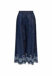 Denim culottes met een elastische tailleband. Donkerblauwe stof met complexe witte bloemenborduurring langs de zoom voor extra detail.