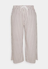 Striped pants in light cream and dark red. Made of a soft fabric, featuring an elastic waistband with a drawstring and side pockets.