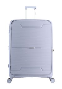 Großer, hellblauer Hartschalenkoffer mit horizontalen Rillen, vier Rädern, ausziehbarem Teleskopgriff und einem Saxoline-Logo in der Mitte vorne.