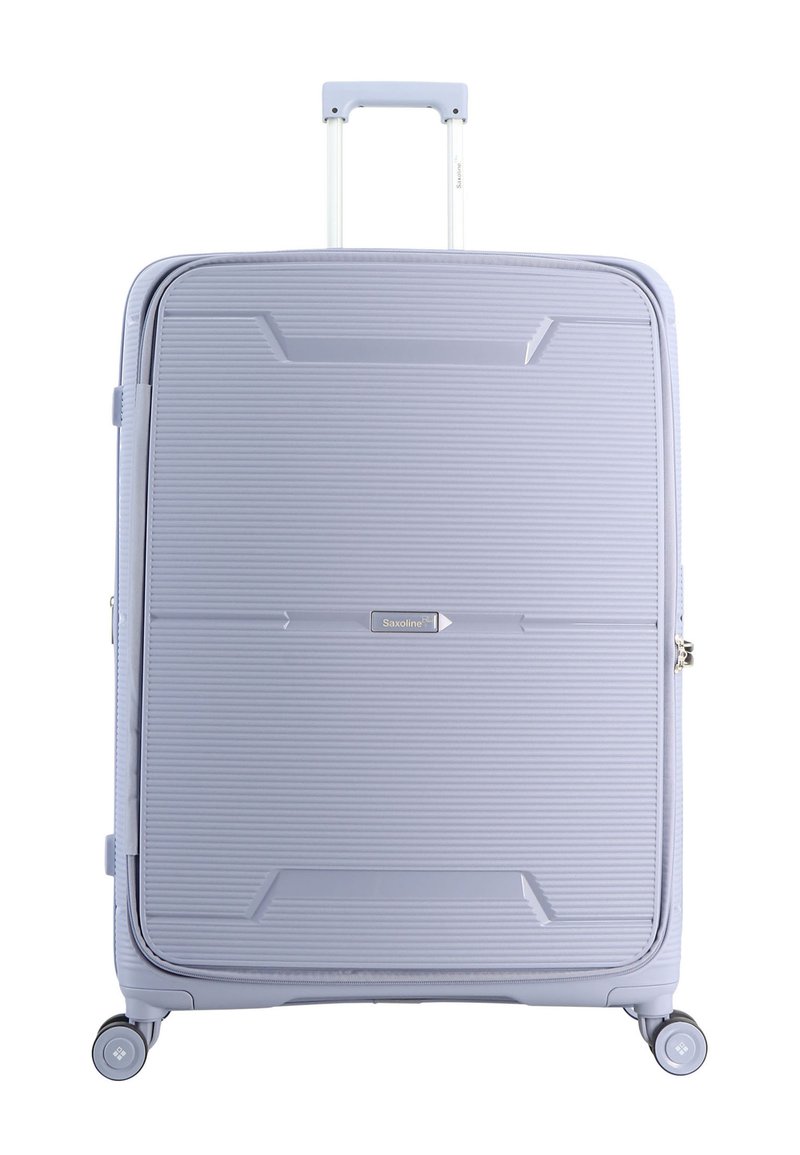 Großer, hellblauer Hartschalenkoffer mit horizontalen Rillen, vier Rädern, ausziehbarem Teleskopgriff und einem Saxoline-Logo in der Mitte vorne.