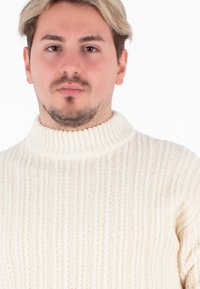 Cremefarbener Strickpullover mit hohem Kragen, der über eine gerippte Struktur und eine lockere Passform verfügt. Keine auffälligen Muster oder Akzente.