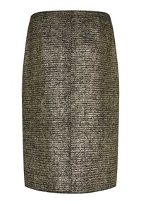 Metalinis pieštuko sijonas su tekstūruotu paviršiumi, kurio sudėtyje yra juodų ir auksinių siūlų derinys, tiesus kirpimas ir nugarinė siūlė.