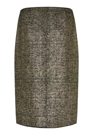 Gonna a matita metallica con finitura texturizzata, caratterizzata da un mix di fili neri e dorati, taglio dritto e dettaglio sulla cucitura posteriore.